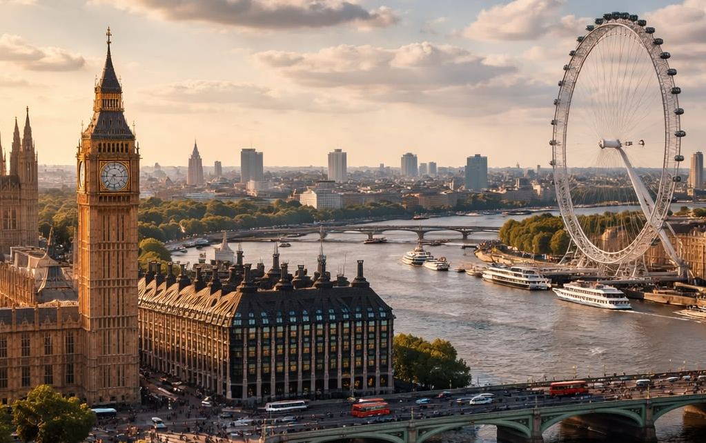 London skyline with Big Ben and London Eye – iconic landmarks where our British teachers are based
